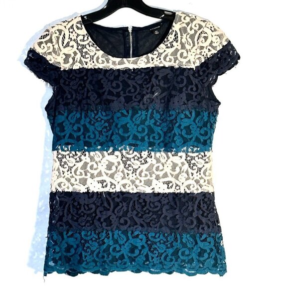 Ann Taylor XS Lace Top Black Teal Off-White Size Extra Small Short Sleeve Dressy - Picture 2 of 6